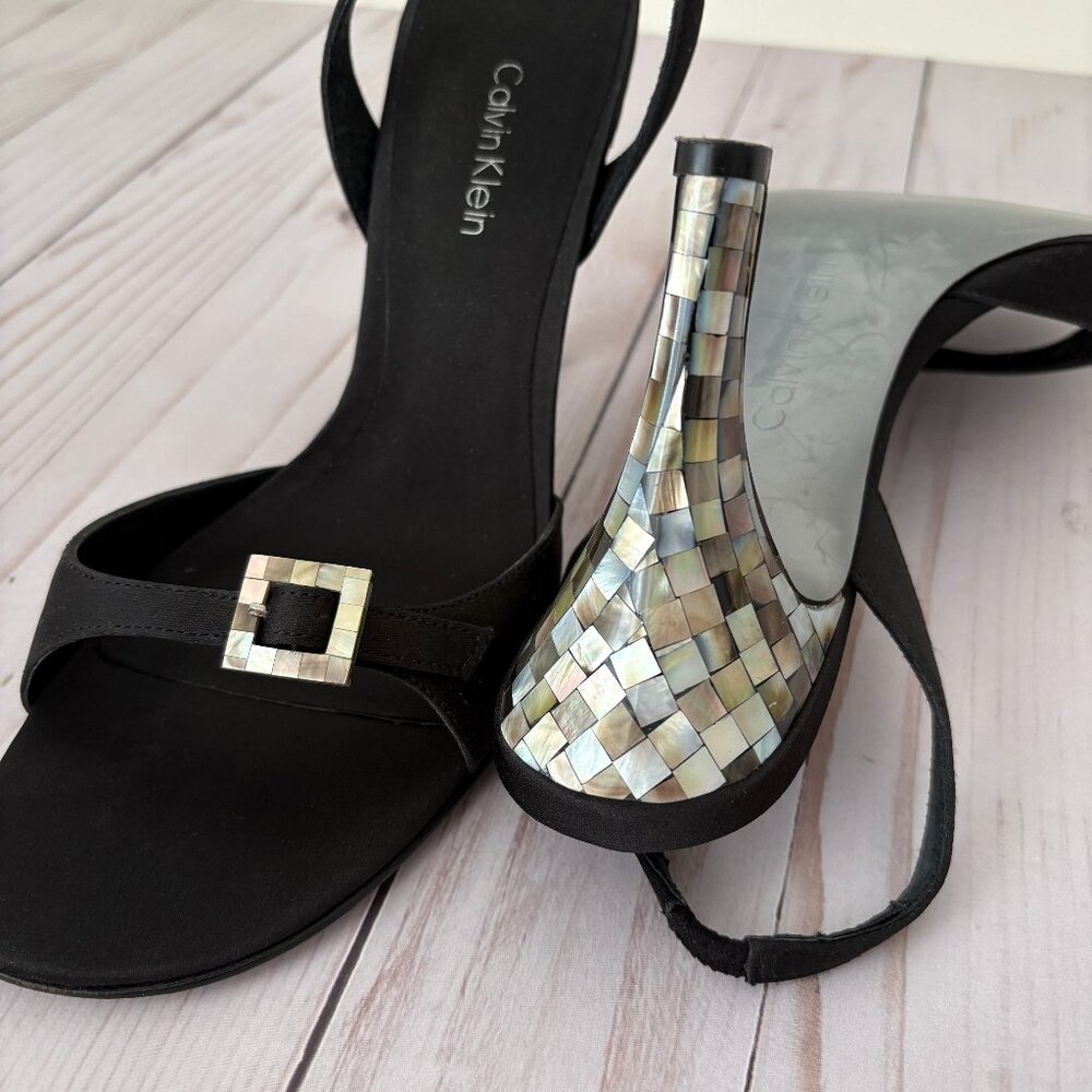 Calvin Klein Blk Satin and MoP Slingbacks, sz 7.5